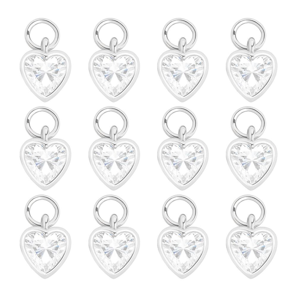 3486 12Pcs White Crystal Heart Charms, Stainless Steel Heart Necklace
